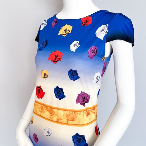Red Tulip Mini Bodycon Stretch Floral Summer Dress Blue Multicolor Roses Dali 4 - Picture 5 of 16